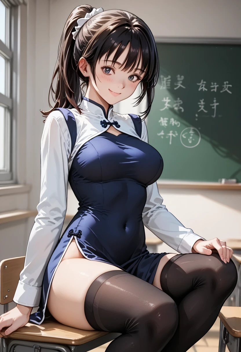 score_9, score_8_up, score_7_up, score_6_up, score_5_up, score_4_up, (masterpiece, best quality), 1girl, In the high school classroom, sitting on the chair, show breasts, smile, blush, closed mouth, medium full breasts, (sit with one knee up),
BREAK
ponytail hair, china dress, Black thighhighs, 