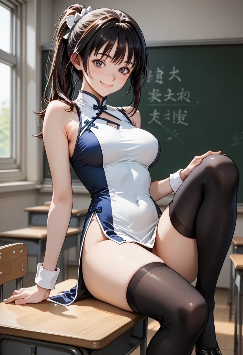 score_9, score_8_up, score_7_up, score_6_up, score_5_up, score_4_up, (masterpiece, best quality), 1girl, In the high school classroom, sitting on the chair, show breasts, smile, blush, closed mouth, medium full breasts, (sit with one knee up),
BREAK
ponytail hair, china dress, Black thighhighs, 