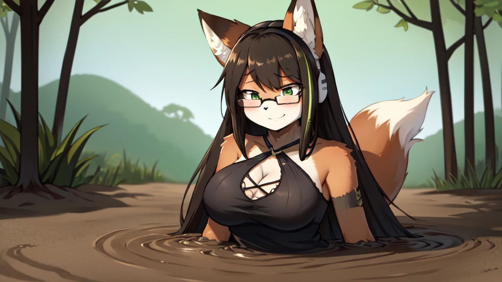 score_9, score_8_up, score_7_up, 1girl, solo, m4a1dress, (blushing), black hair, very long hair, earphones, brown eyes, see-through black dress, (furry fox girl:1.2), huge breast, black hair, green eyes, (black camisole:1.2), thin strap, sleeveless, (black glasses:1.2), cleavage, (oriental:1.2), partially submerged, flooding up to the chest, upper body, jungle background blurry, smile, seductive pose, anime face, trembling, (half upper body:1.2), Quicksand, Quick Sand, arms stuck in quicksand, up to chest in quicksand, moaning, shortstack figure, breasts pushed up by quicksand, standing in quicksand, half body submerged in quicksand, Quicksand is almost reaching her breasts, (fox fur:1.3), playing in mud, well