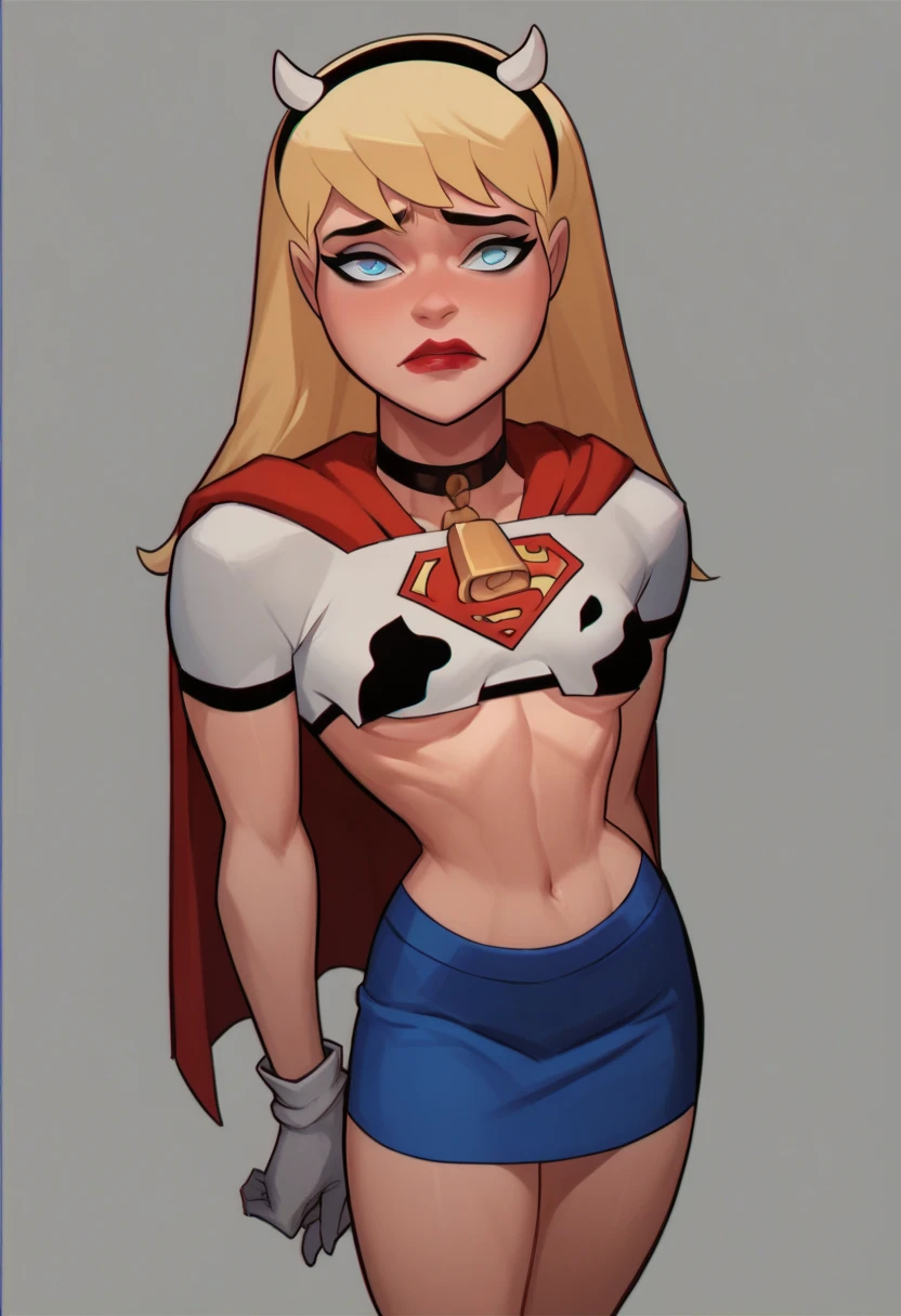 1girl, supergirl, blonde hair, long hair, hairband, blue eyes, makeup, lipstick, white gloves, red cape, blue skirt, white crop top, hands behind her back, shy, cowbell, posing cow bikini, 