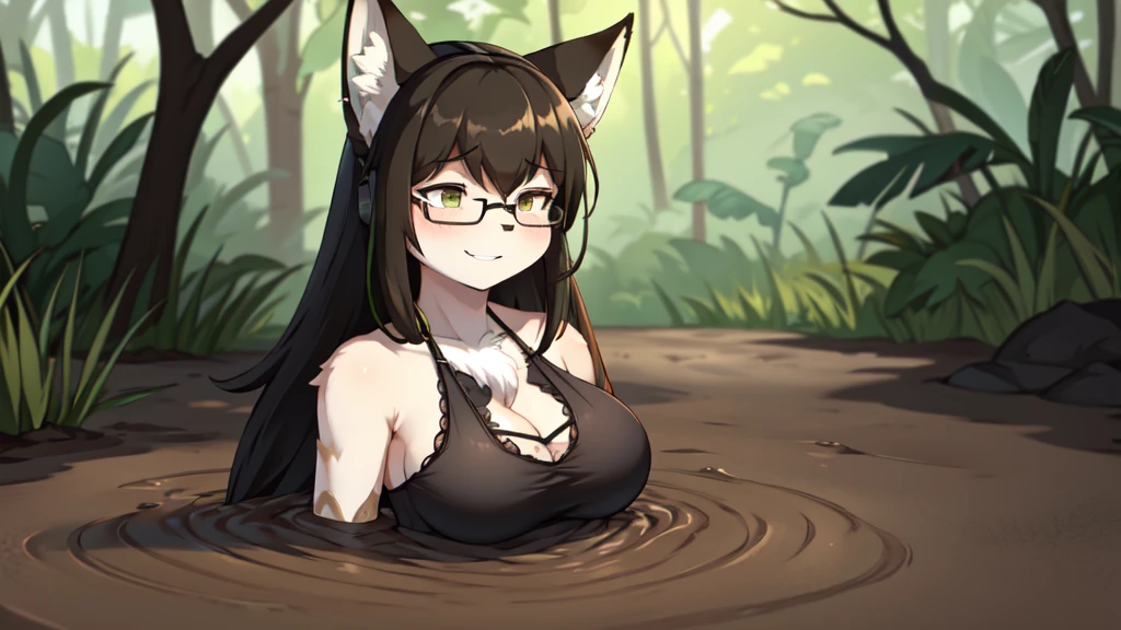 score_9, score_8_up, score_7_up, 1girl, solo, m4a1dress, (blushing), black hair, very long hair, earphones, brown eyes, see-through black dress, (furry white cat girl:1.2), huge breast, black hair, green eyes, (black camisole:1.2), thin strap, sleeveless, (black glasses:1.2), cleavage, (oriental:1.2), partially submerged, flooding up to the chest, upper body, jungle background blurry, smile, seductive pose, anime face, trembling, (half upper body:1.2), Quicksand, Quick Sand, arms stuck in quicksand, up to chest in quicksand, moaning, shortstack figure, breasts pushed up by quicksand, standing in quicksand, half body submerged in quicksand, Quicksand is almost reaching her breasts, (fox fur:1.3), playing in mud, well,