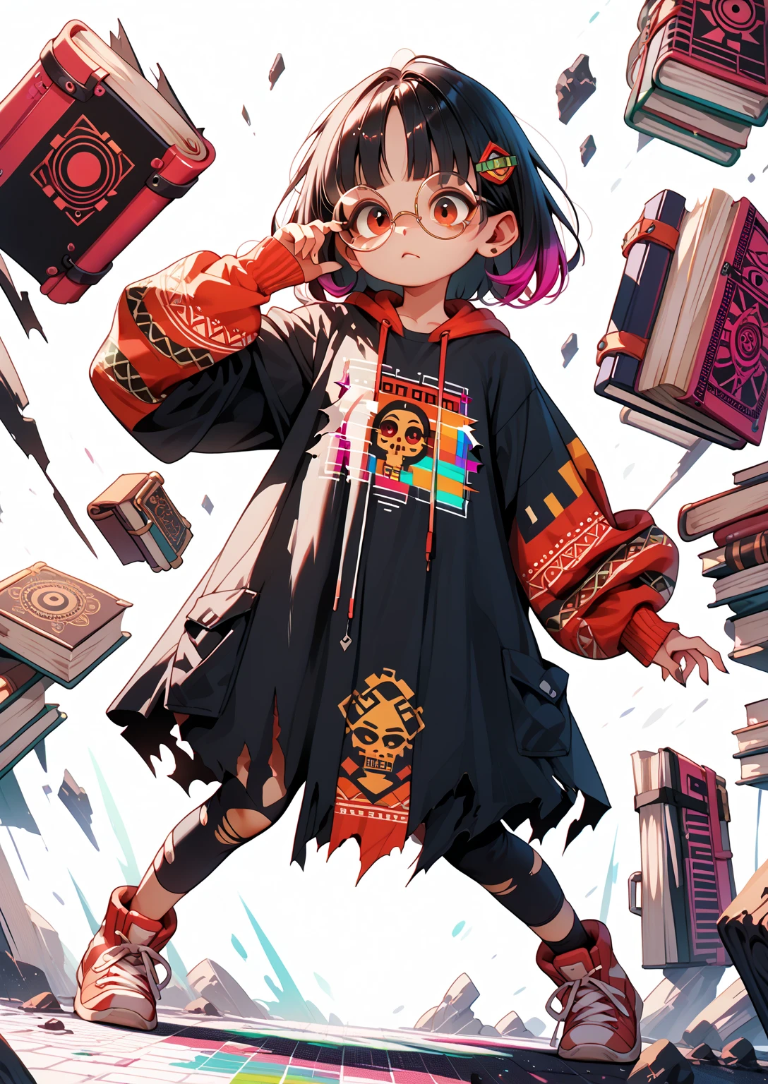 fullbody, **** demon, book, glitch effect, torn books, round glasses, aztec clothes, long clothes, long sleeves