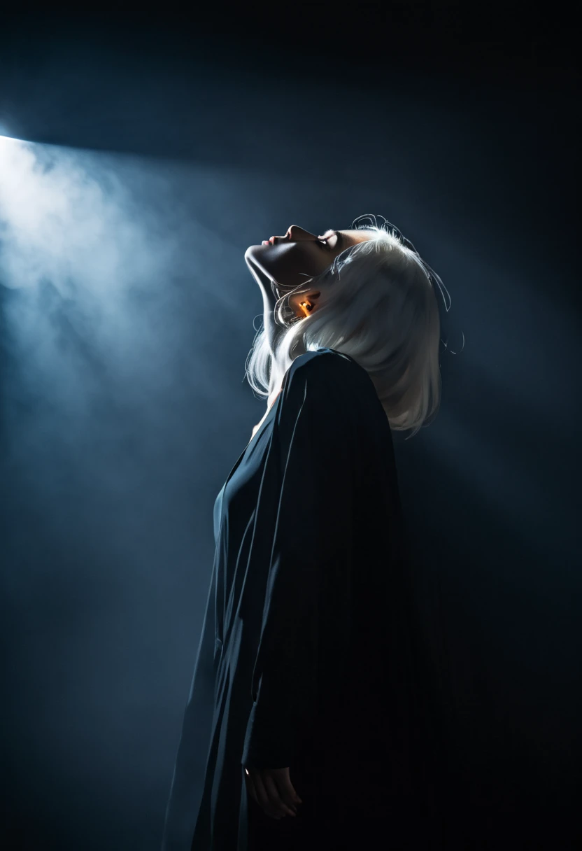  Overhead light on a woman's face , Caucasian skin,  long and abundant white hair , Ojos rojos. moonlight. Dark background , fog.  black dress