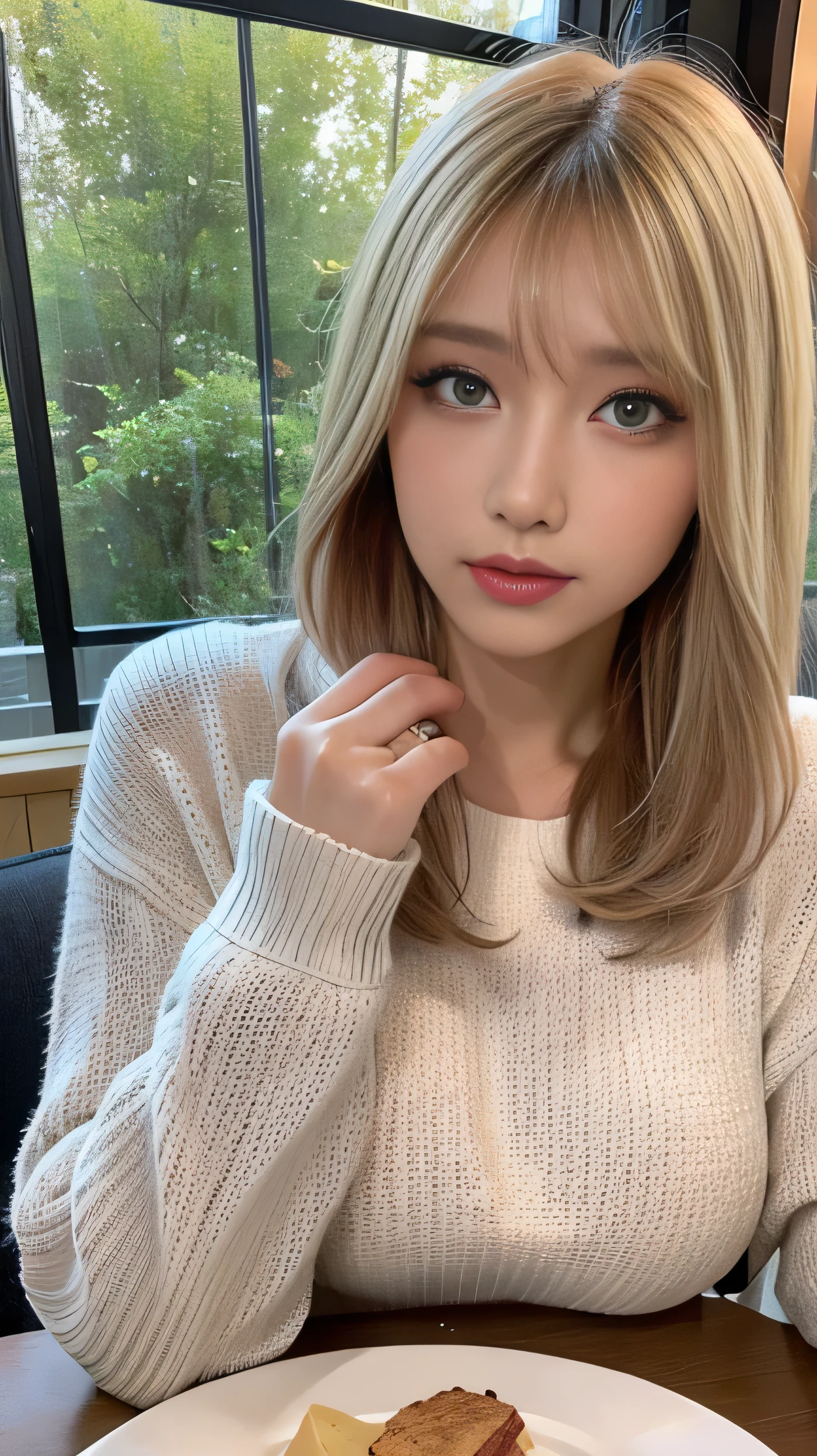 ( table top in front of you:1.3), high definition , ultra detail, Highly Detailed CG Unity 8K Wallpaper , realistic , Photographically, RAW photo, beautiful detailed face, 青 white skin, realistic glowing skin, detailed cloth texture, Hair texture details, perfect body, beautiful face, Accurate, anatomically correct, High Definition Face and Skin Textures, natural neck length with a cross-shaped iris, ( beautiful hands), ( white skin:1.2), Thin legs, Thin legs, break,erect nipple:1,2,hard nipple:1.2,big nipple:1.2, Layered Bob Hairstyle, ( blonde alone、Pink inside), forest setting , Glowing purple eyes, Masterpiece , best quality ,( realistic : 1.4),超 high definition , Unity 8K, (delicate beautiful eyes:1.6),Symmetric, Highly Detailed Faces , Complete,Night view outside、 ( perfect hand, Perfect Anatomy ), (Night hotel room background:1.3), (( tight size long sleeve sweater 1.3)), ( on the body Be careful:1.3), ( 超Big Breasts ), ( Big Breasts , J cup 1 .5 ),