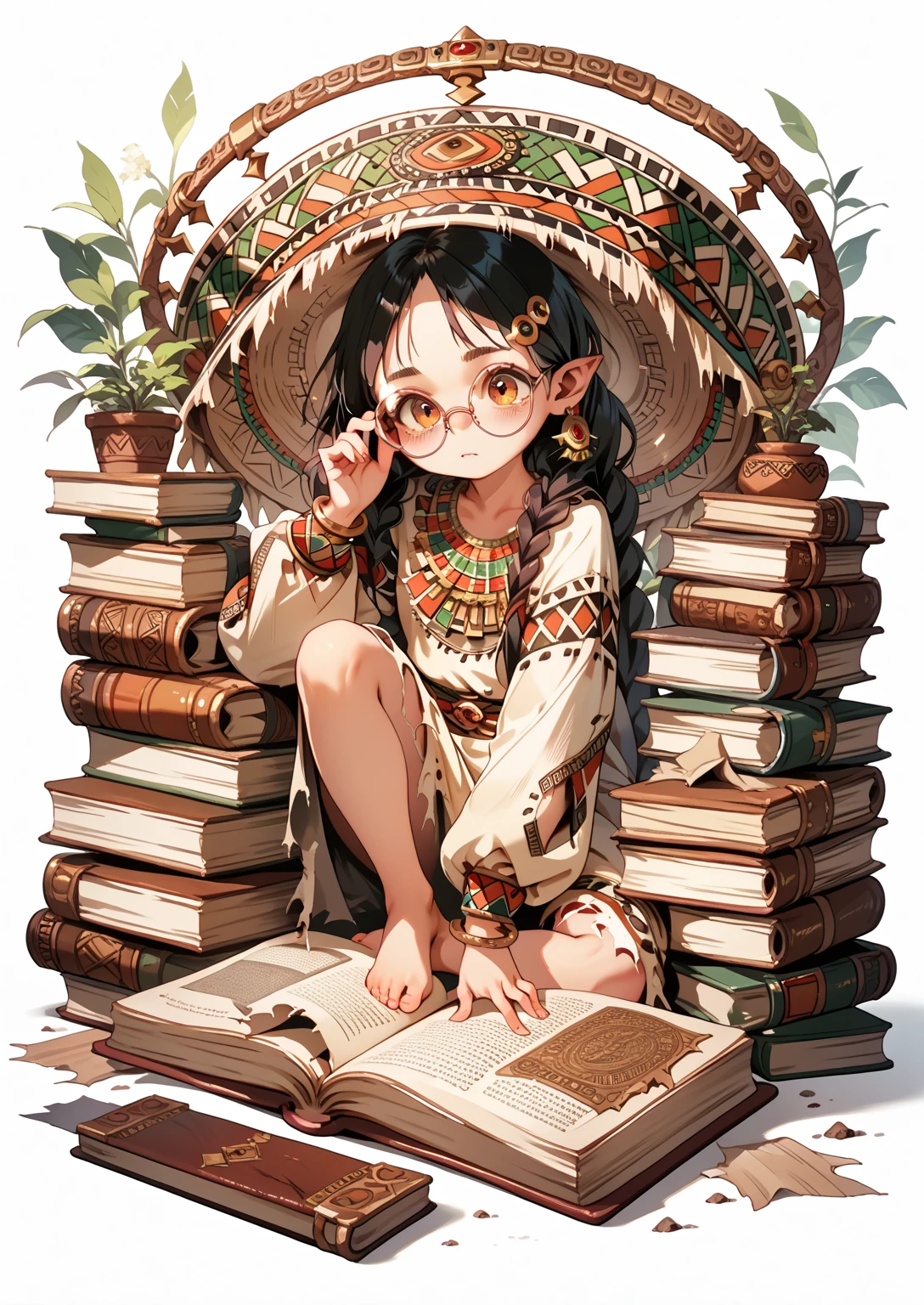 fullbody, **** demon, book, torn books, round glasses, aztec clothes, long clothes, long sleeves