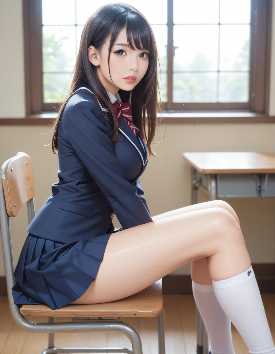 white thin fabric loincloth, In the skirt,the most absurd quality,Ultra-detailed:1.1), 20 years old,(Beauty face),,(Embarrassed and blush),in a school room, on desk,( And raise your legs), legit delicate black panties, Detailed eyes)((sox:1.2)),