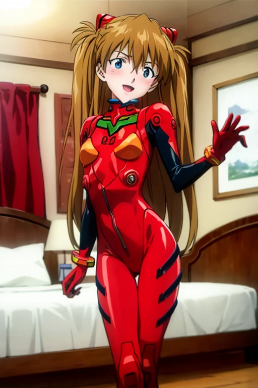 (( top quality)), ((masterpiece)), (be familiar with),  perfect face, indoor, bedroom,  viewer,
One woman,  Soryu Asuka Langley ,
 open mouth,  ecstatic expression with hands in front of body, blush, smile,
 small tits,  flat chested, Young girl, Lori,  s,  girl,
 long hair,  twin tails,
Leg spread,