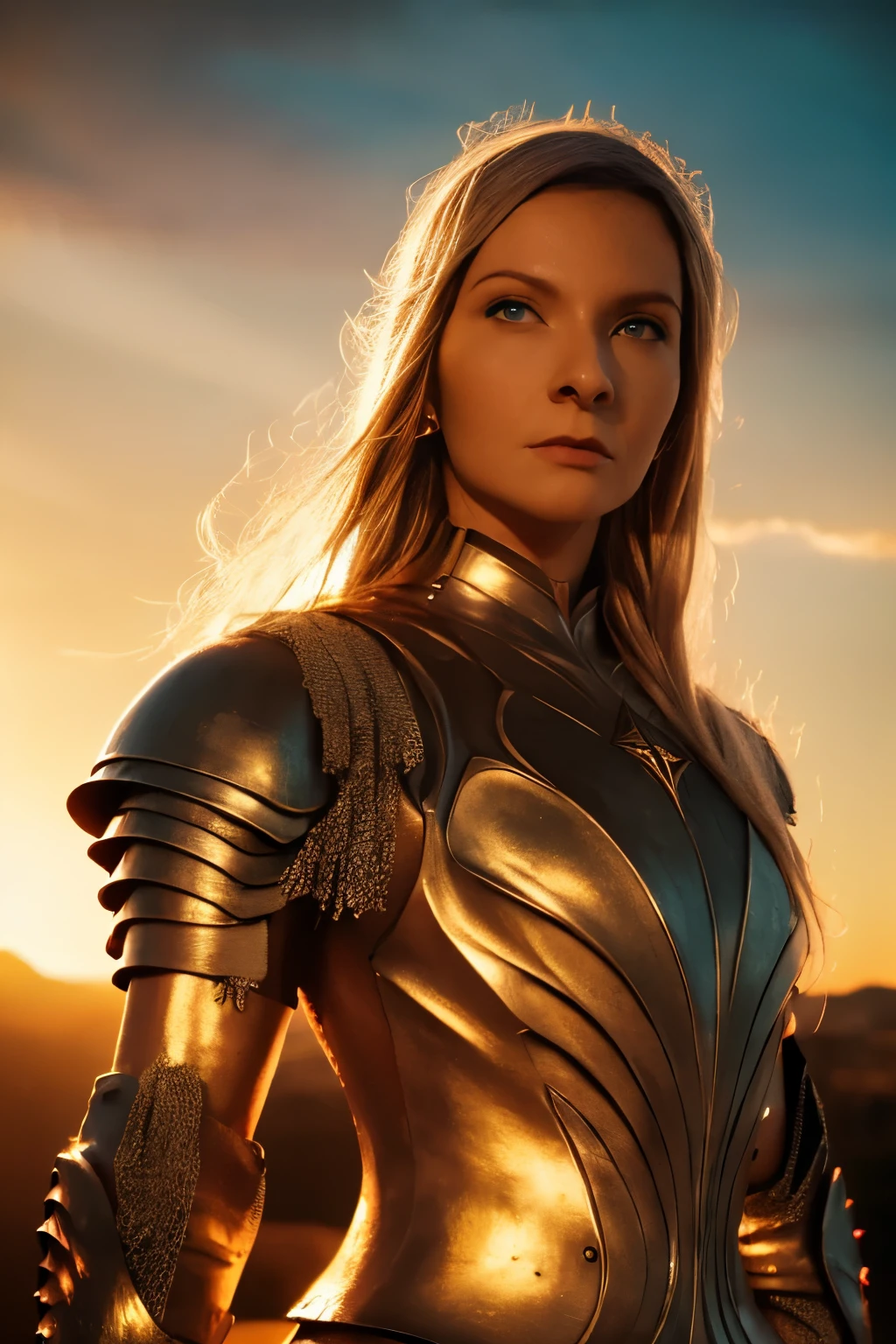 Galadriel, inspired by the series "The Rings of Power", (((L4L4 face ))),   in a majestic pose at the center of the scene  ,   wearing shimmering armor and elven details ,   with her blond hair flowing under a golden light  .   The background shows an epic landscape of golden Middle Earth ,   with distant mountains  ,   dramatic sky and heavenly light rays  .   Determined expression and intense gaze  ,   capturing your strength and wisdom  .   Hyper-realistic details on the face and hands  ,  metal texture of the Highly Detailed armor ,   skin illuminated with perfection  ,   cinematic atmosphere  , epic and glorious  . natural light, 35mm photography, film,  Professional, 4K, Highly Detailed,  golden hour lighting.  depth of field f2 . Rule of Thirds .
