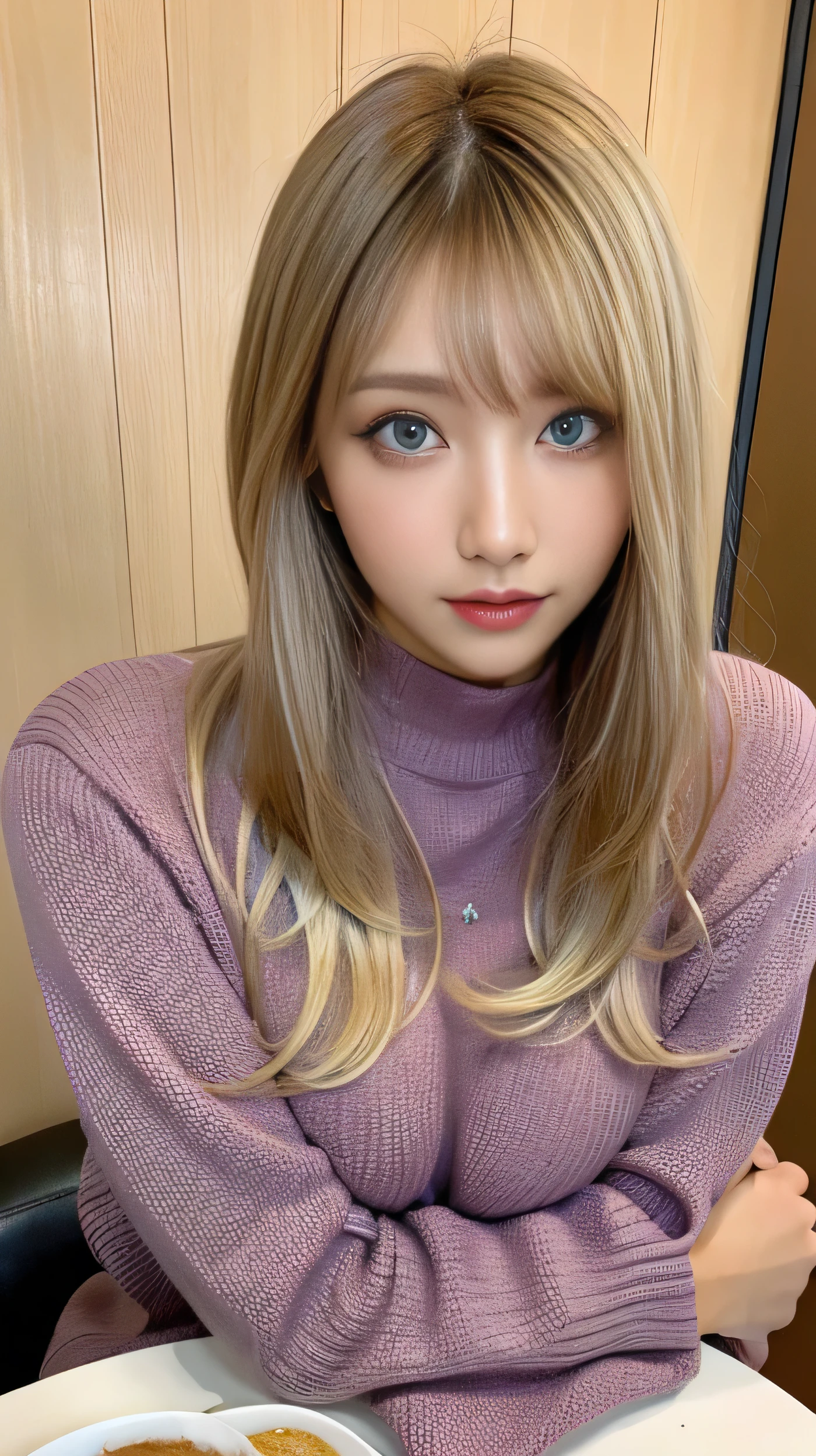 ( table top in front of you:1.3), high definition , ultra detail, Highly Detailed CG Unity 8K Wallpaper , realistic , Photographically, RAW photo, beautiful detailed face, 青 white skin, realistic glowing skin, detailed cloth texture, Hair texture details, perfect body, beautiful face, Accurate, anatomically correct, High Definition Face and Skin Textures, natural neck length with a cross-shaped iris, ( beautiful hands), ( white skin:1.2), Thin legs, Thin legs, break,erect nipple:1,2,hard nipple:1.2,big nipple:1.2, Layered Bob Hairstyle, ( blonde alone、Pink inside), forest setting , Glowing purple eyes, Masterpiece , best quality ,( realistic : 1.4),超 high definition , Unity 8K, (delicate beautiful eyes:1.6),Symmetric, Highly Detailed Faces , Complete,Night view outside、 ( perfect hands, Perfect Anatomy ), (Night hotel room background:1.3), (( tight size long sleeve sweater 1.3)), ( on the body Be careful:1.3), ( Big Breasts ), ( Big Breasts , I cup 1.5 ),