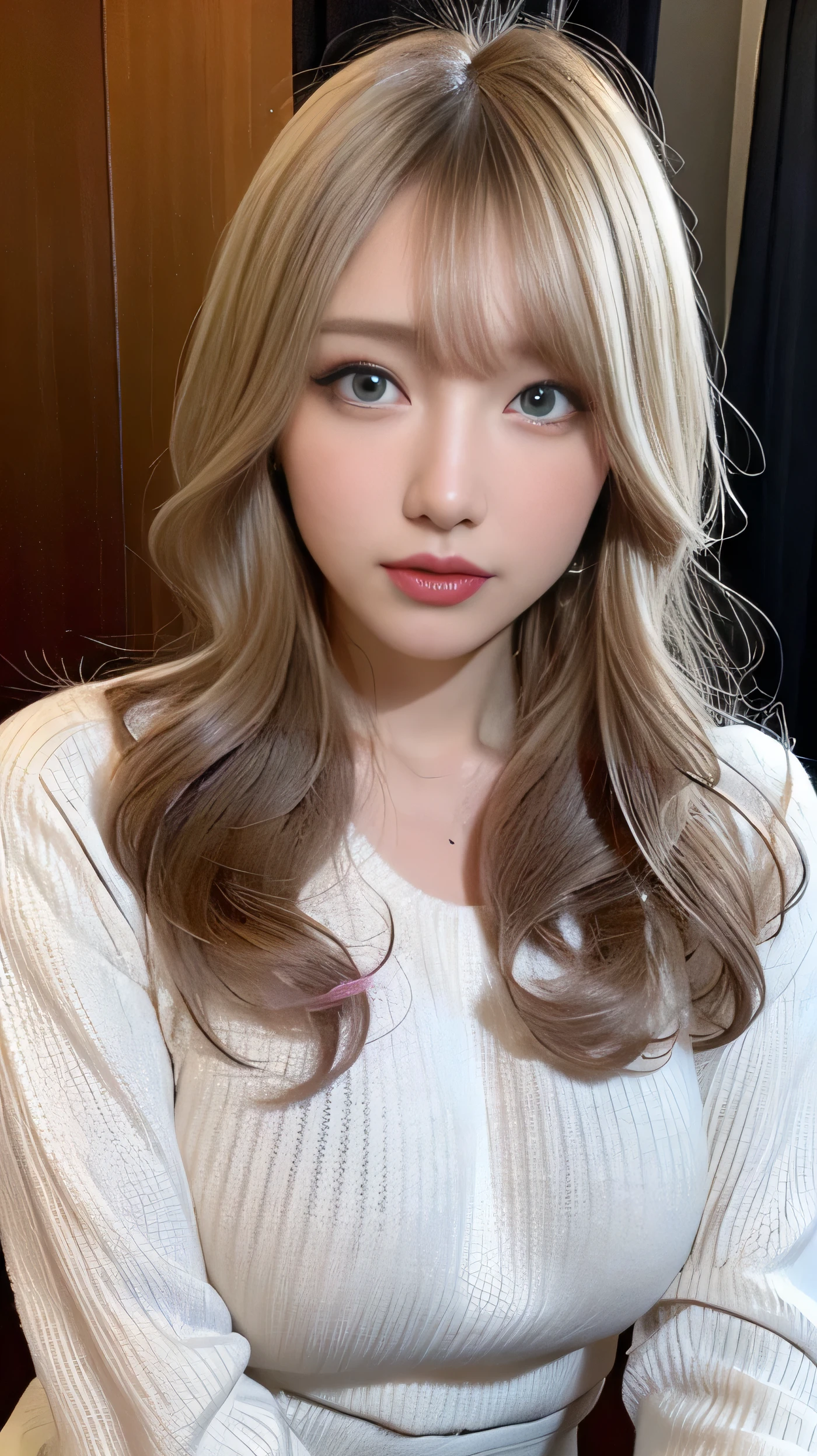 ( table top in front of you:1.3), high definition , ultra detail, Highly Detailed CG Unity 8K Wallpaper , realistic , Photographically, RAW photo, beautiful detailed face, 青 white skin, realistic glowing skin, detailed cloth texture, Hair texture details, perfect body, beautiful face, Accurate, anatomically correct, High Definition Face and Skin Textures, natural neck length with a cross-shaped iris, ( beautiful hands), ( white skin:1.2), Thin legs, Thin legs, break,erect nipple:1,2,hard nipple:1.2,big nipple:1.2, Layered Bob Hairstyle, ( blonde alone、Pink inside), forest setting , Glowing purple eyes, Masterpiece , best quality ,( realistic : 1.4),超 high definition , Unity 8K, (delicate beautiful eyes:1.6),Symmetric, Highly Detailed Faces , Complete,Night view outside、 ( perfect hands, Perfect Anatomy ), (Night hotel room background:1.3), (( tight size long sleeve sweater 1.3)), ( on the body Be careful:1.3), ( Big Breasts ), ( Big Breasts , I cup 1.5 ),
