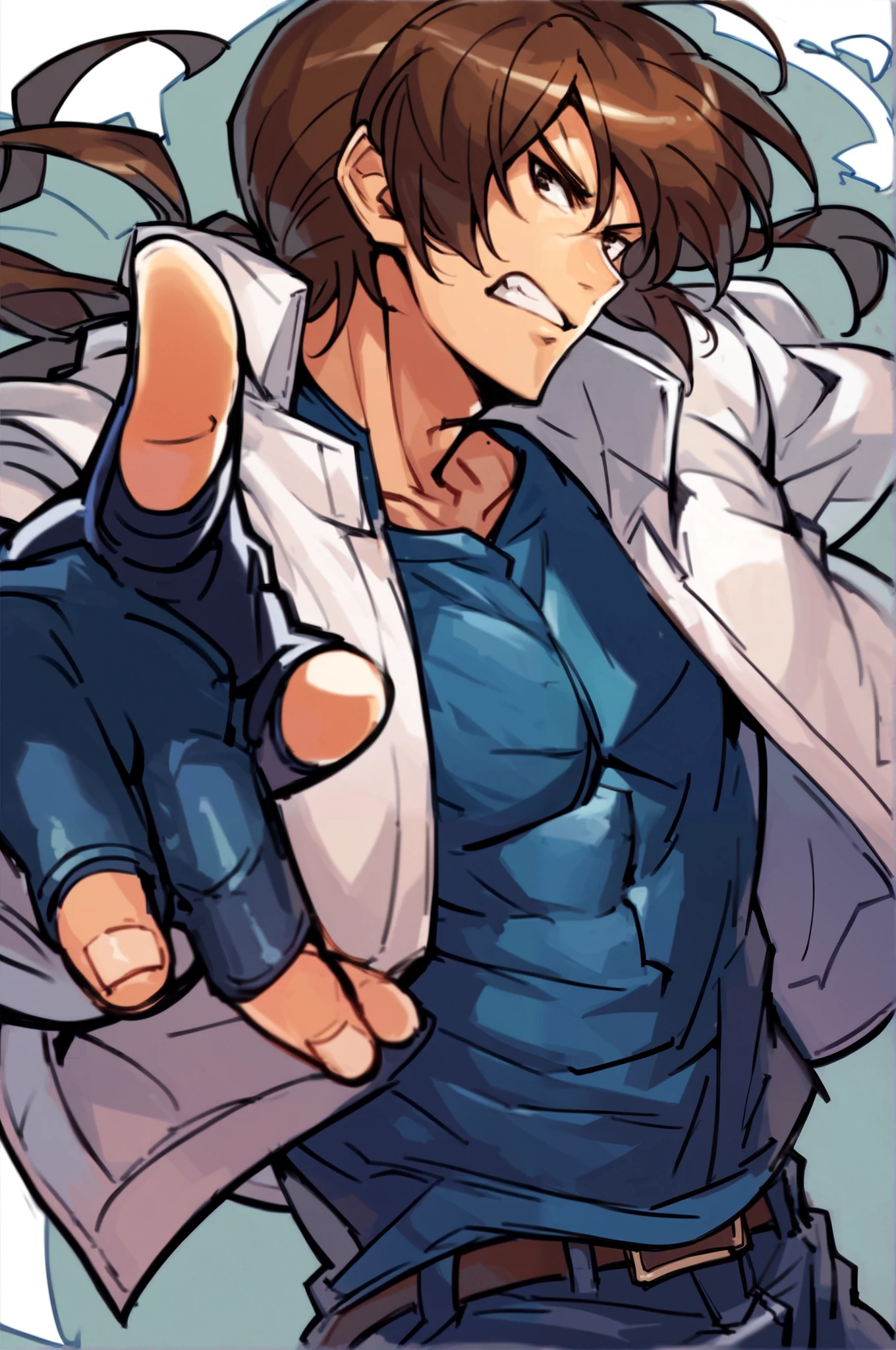 Kusanagi Kyo, Nest Kyo, KOF2002 2002, The King of Fighters 2002, Kusanagi Kyo 2002, blue shirt inside white leather jacket, blue fingerless gloves, black jeans, brown hair