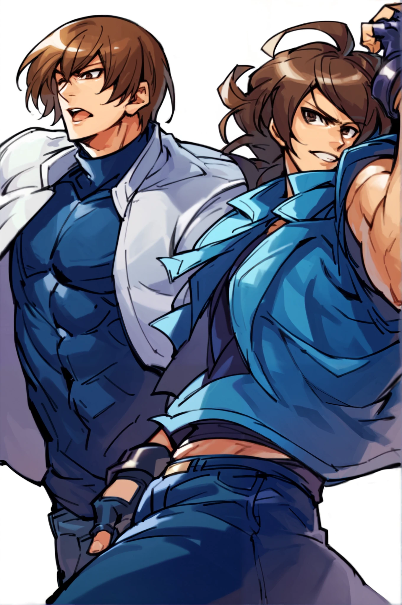 Kusanagi Kyo, Nest Kyo, KOF2002 2002, The King of Fighters 2002, Kusanagi Kyo 2002, blue shirt inside white leather jacket, blue fingerless gloves, black jeans, brown hair