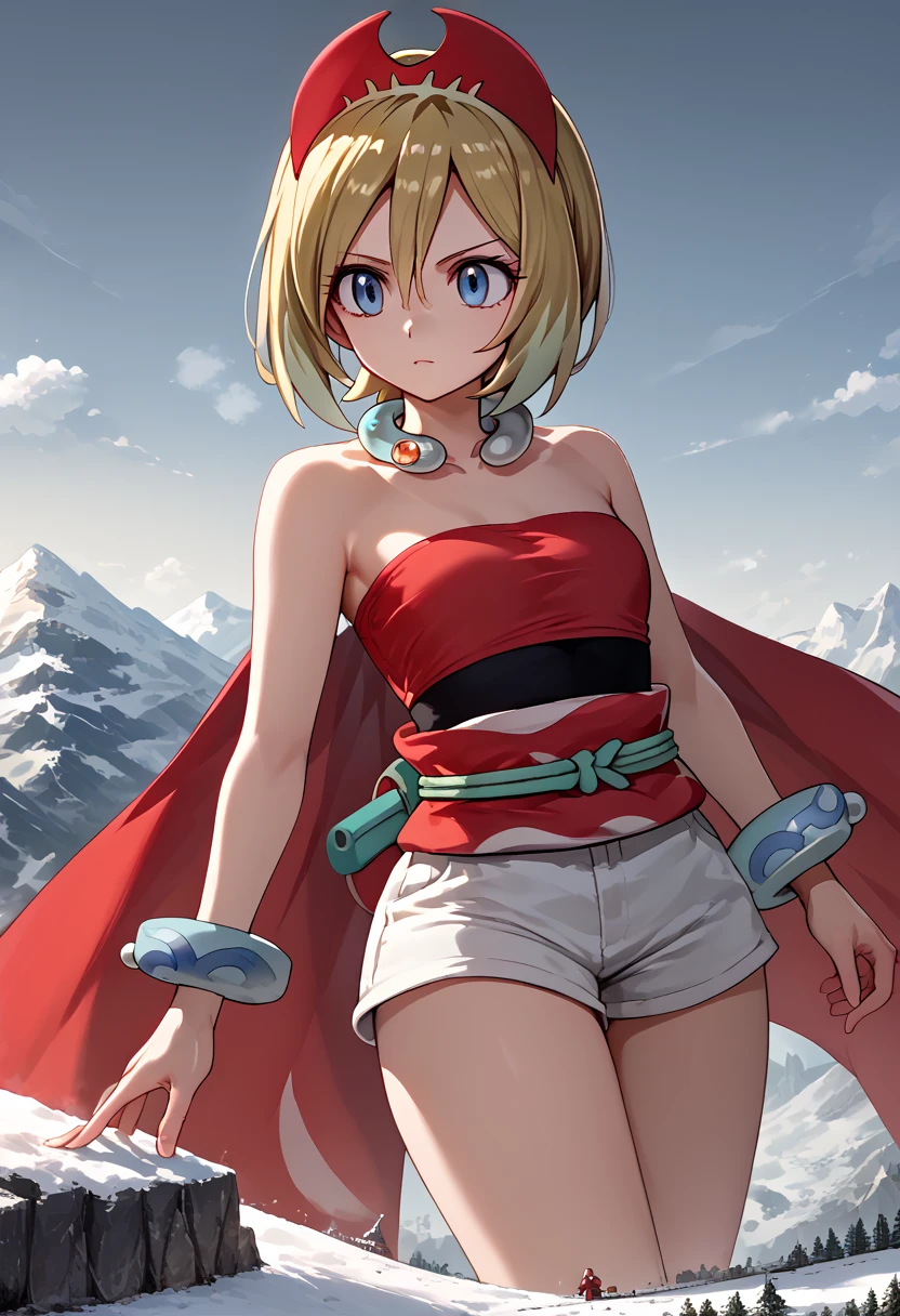 pokemonirida, blonde hair, blue eyes, hair between eyes, medium hair, small breasts,bracelet, hat, jewelry, neck ring, red headwear, red shirt, sash, shirt, shorts, strapless, strapless shirt, waist cape, white shorts, outdoors, snowy mountain, giantess, giga size