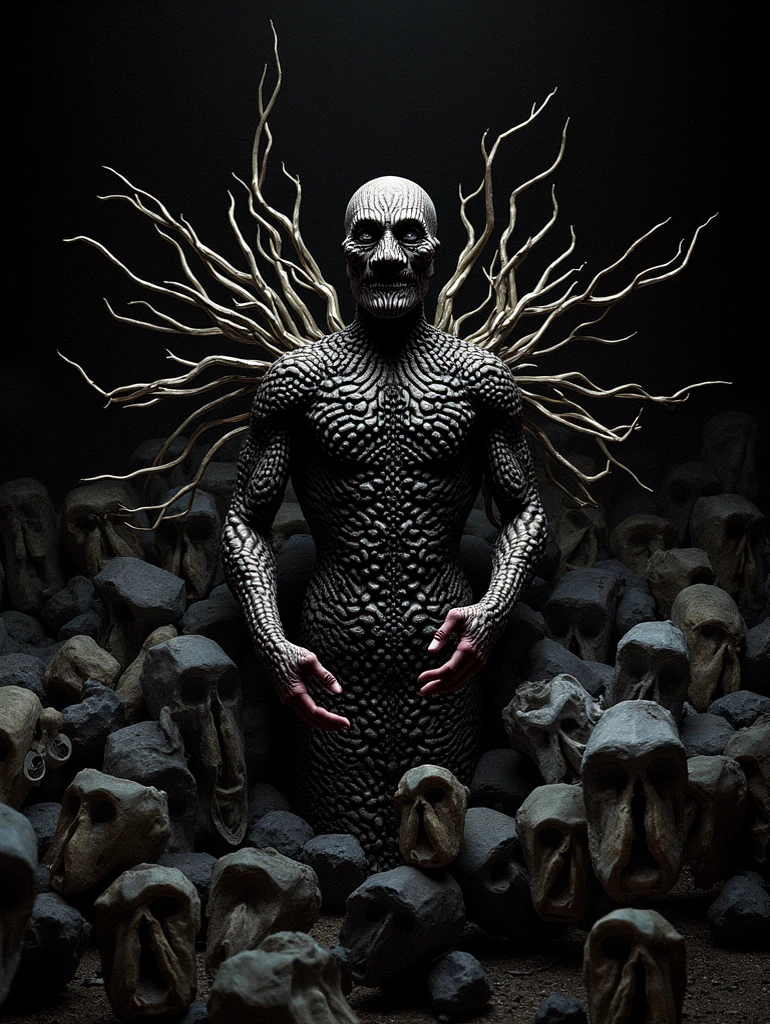 tall character with his four limbs like spikes, skinny with a crooked neck, a giant eye coming out of his neck and a hole in his chest