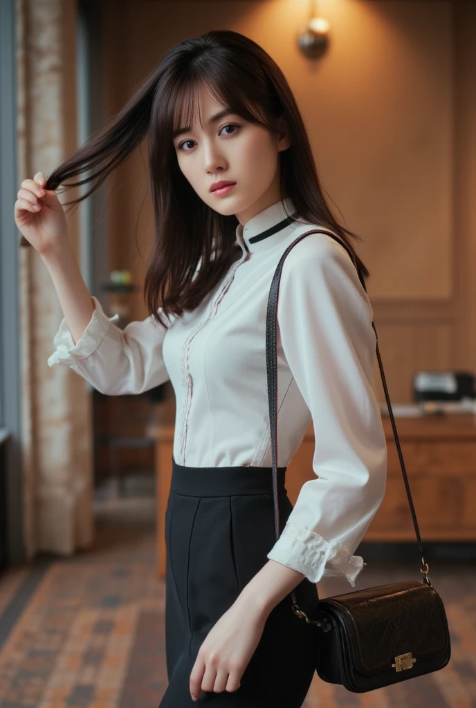 A hyper-realistic depiction of a slender Japanese woman in her early 20s standing indoors in a modern office-like setting. She is wearing a white collared blouse paired with a black skirt, exuding a professional and sophisticated appearance. Her makeup is beautifully done, featuring well-applied eyeshadow, eyeliner, and lipstick, highlighting her youthful and elegant features. She has long, flowing hair and holds a stylish handbag in her right hand while gracefully running her left hand through her hair. The background includes wooden furniture and soft lighting, enhancing the elegant and professional atmosphere.