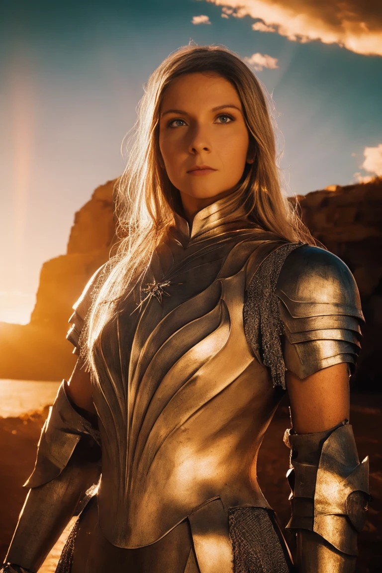 Galadriel, inspired by the series "The Rings of Power", (((L4L4 face ))),   in a majestic pose at the center of the scene  ,   wearing shimmering armor and elven details ,   with her blond hair flowing under a golden light  .   The background shows an epic landscape of golden Middle Earth ,   with distant mountains  ,   dramatic sky and heavenly light rays  .   Determined expression and intense gaze  ,   capturing your strength and wisdom  .   Hyper-realistic details on the face and hands  ,  metal texture of the Highly Detailed armor ,   skin illuminated with perfection  ,   cinematic atmosphere  , epic and glorious  . natural light, 35mm photography, film,  Professional, 4K, Highly Detailed,  golden hour lighting.  depth of field f2 . Rule of Thirds .
