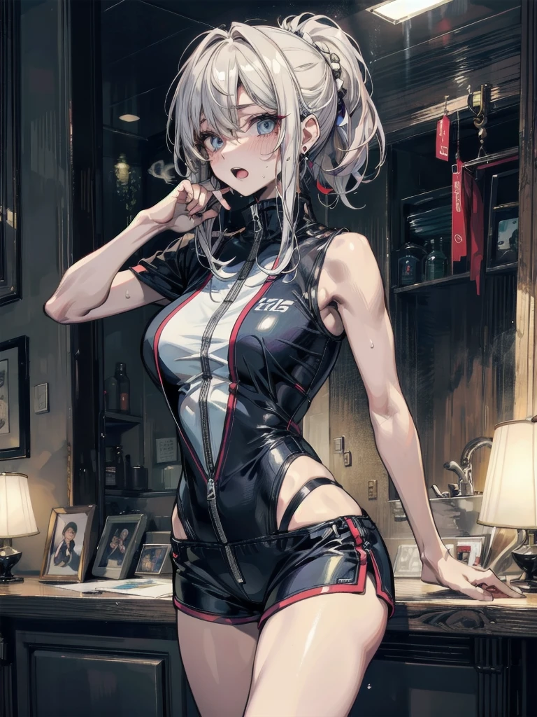 top-quality、Full limbs、complete fingers、Slender beauty、1 female、Women with straight hair、((Woman with orange hair))、Women with medium hair、Women with straight hair、(Beautiful busty woman:1.3)、((black rider jacket))、(((White competitive swimsuit:1.3)))、Brown pantyhose、black knee-length long boots、A big smile、Naughty Poses、((Dancing))