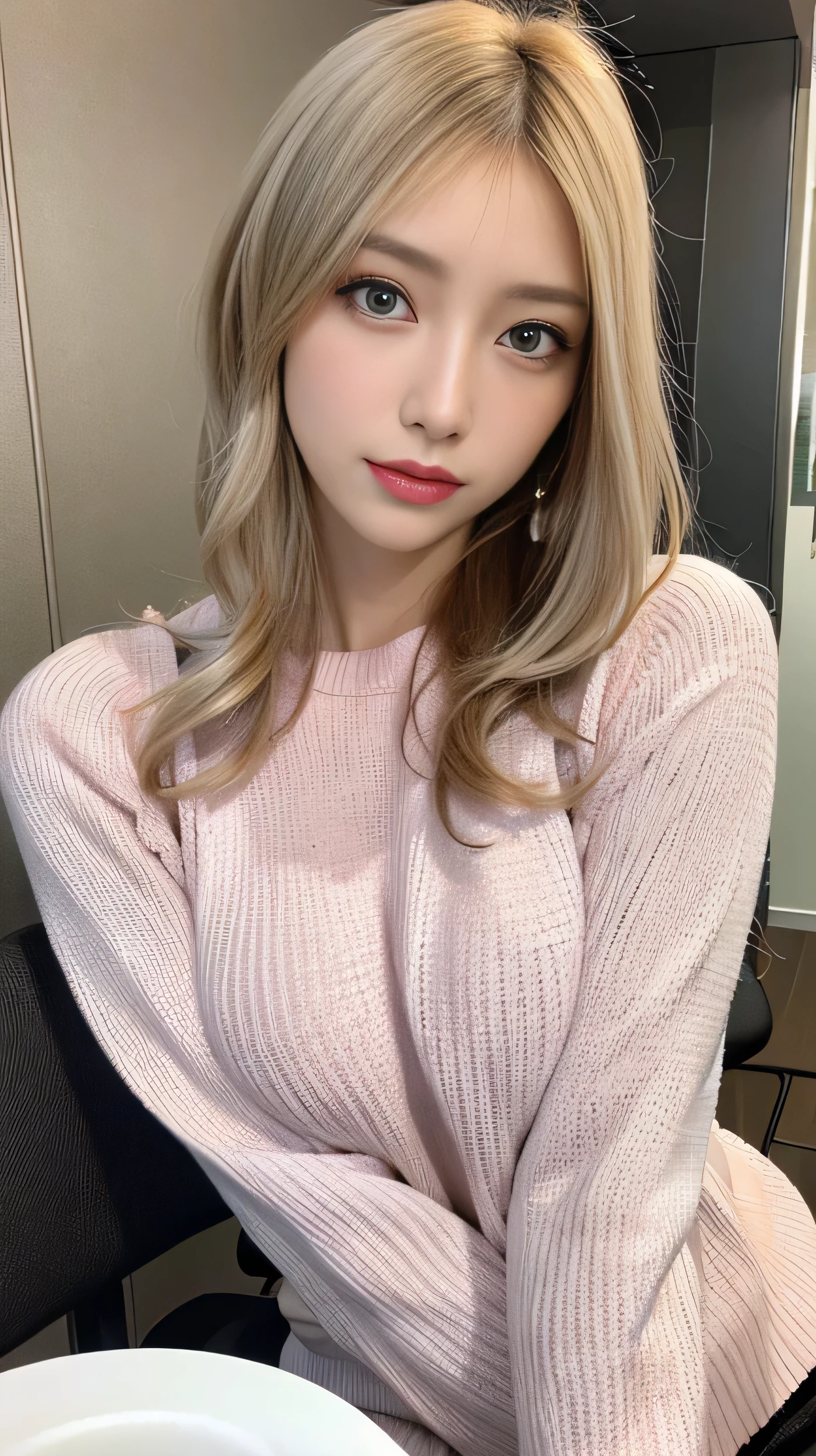 ( table top in front of you:1.3), high definition , ultra detail, Highly Detailed CG Unity 8K Wallpaper , realistic , Photographically, RAW photo, beautiful detailed face, 青 white skin, realistic glowing skin, detailed cloth texture, Hair texture details, perfect body, beautiful face, Accurate, anatomically correct, High Definition Face and Skin Textures, natural neck length with a cross-shaped iris, ( beautiful hands), ( white skin:1.2), Thin legs, Thin legs, break,erect nipple:1,2,hard nipple:1.2,big nipple:1.2, layered bob hairstyle , ( blonde alone、Pink inside), forest setting , Glowing purple eyes, Masterpiece , top quality ,( realistic : 1.4),超 high definition , Unity 8K, (delicate beautiful eyes:1.6),Symmetric, very detailed face, Complete,Outside is a morning night view 、 ( perfect hands, perfect anatomy sitting on a penis ), ( morning office interior background :1.3), (( tight size long sleeve sweater 1.3)), ( on the body Be careful:1.3), ( Big Breasts ), ( Big Breasts , F Cup 1.5 ),