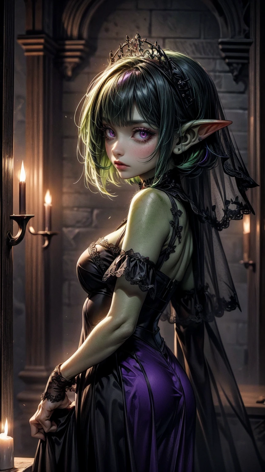 absurdrez, ((best quality)), ((masterpiece)), (detailed), dark gothic horror style, Halloween style, very small goblin girl, ((green skin)), pointy ears, (short purple hair with black streaks pixie hairstyle), aloof expression, bright red eyes, superior attitude, sassy, smug, wearing ornate open boudoir robe, full body, elegant, beautiful, dynamic pose, cinematic still, detailed eyes, in a gothic bedroom, wearing black and red jewelry, delicate, dark, dim lighting, backlit, rimlight, detailed breasts, undressing, removing black lace gloves, taking off black lace gloves, visible breasts, sexy, sexy smile, visible nipples, visible breasts, wants sex, in bedroom, bed in background