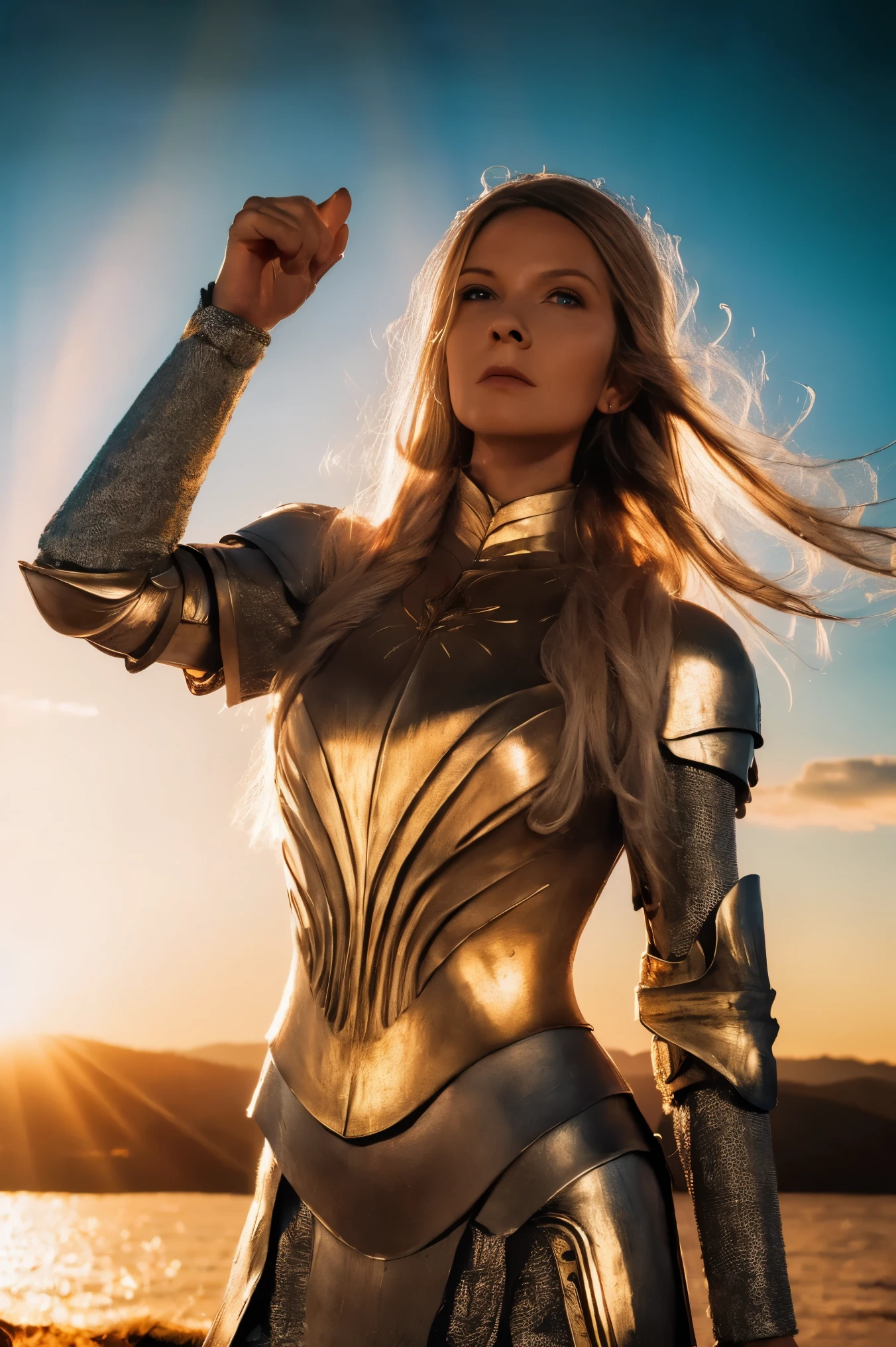 Galadriel, inspired by the series "The Rings of Power", (((L4L4 face ))),   in a majestic pose at the center of the scene  ,   wearing shimmering armor and elven details ,   with her blond hair flowing under a golden light  .   The background shows an epic landscape of golden Middle Earth ,   with distant mountains  ,   dramatic sky and heavenly light rays  .   Determined expression and intense gaze  ,   capturing your strength and wisdom  .   Hyper-realistic details on the face and hands  ,  metal texture of the Highly Detailed armor ,   skin illuminated with perfection  ,   cinematic atmosphere  , epic and glorious  . natural light, 35mm photography, film,  Professional, 4K, Highly Detailed,  golden hour lighting.  depth of field f2 . Rule of Thirds .
