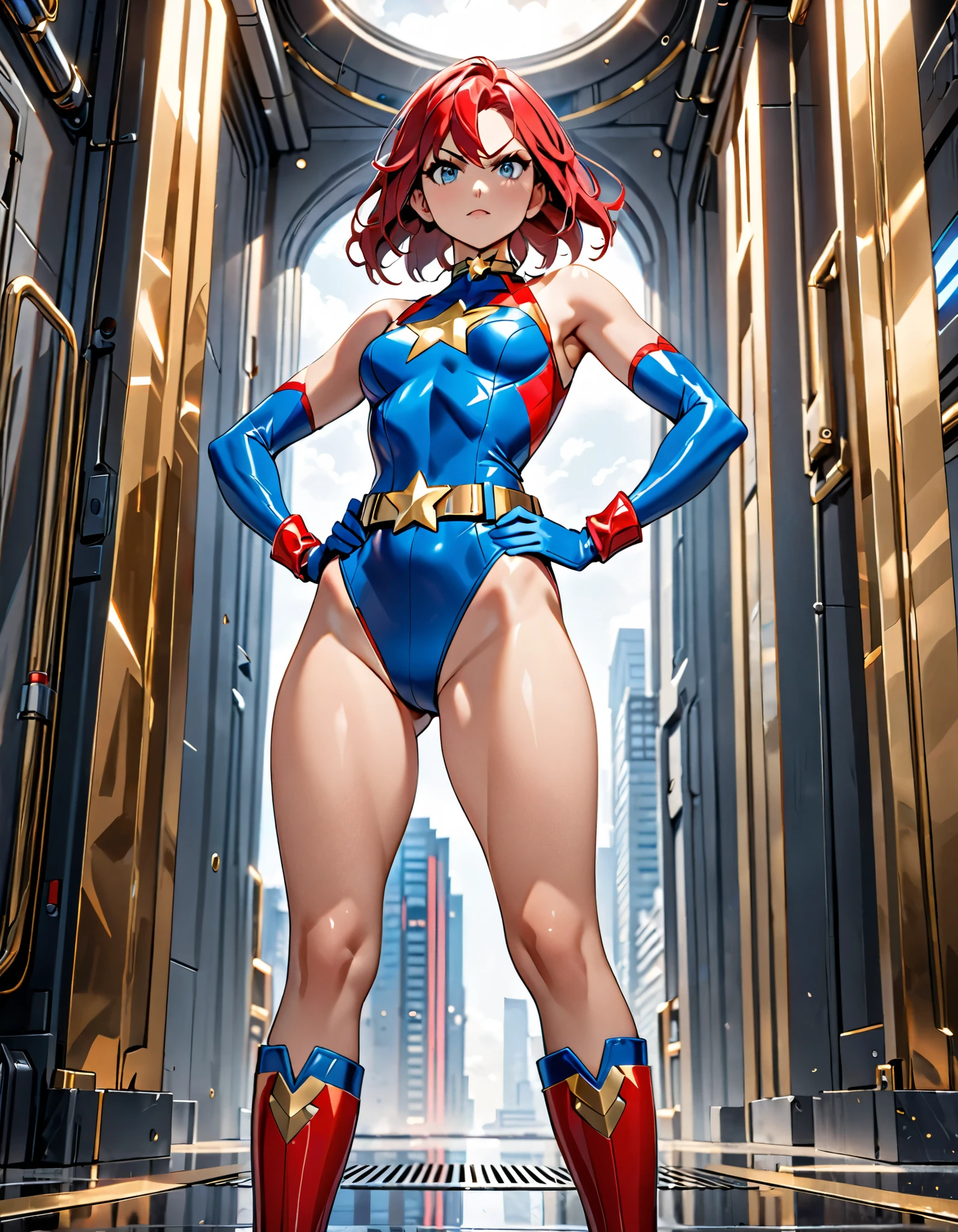 1girl, medium breasts, leotard, blue and yellow leotard, bare legs, gloves, boots, belt, superhero, standing, hand on hip, city backdrop, beautiful detailed eyes, beautifully detailed face, (perfect hands, perfect anatomy), diffraction spikes, redhead