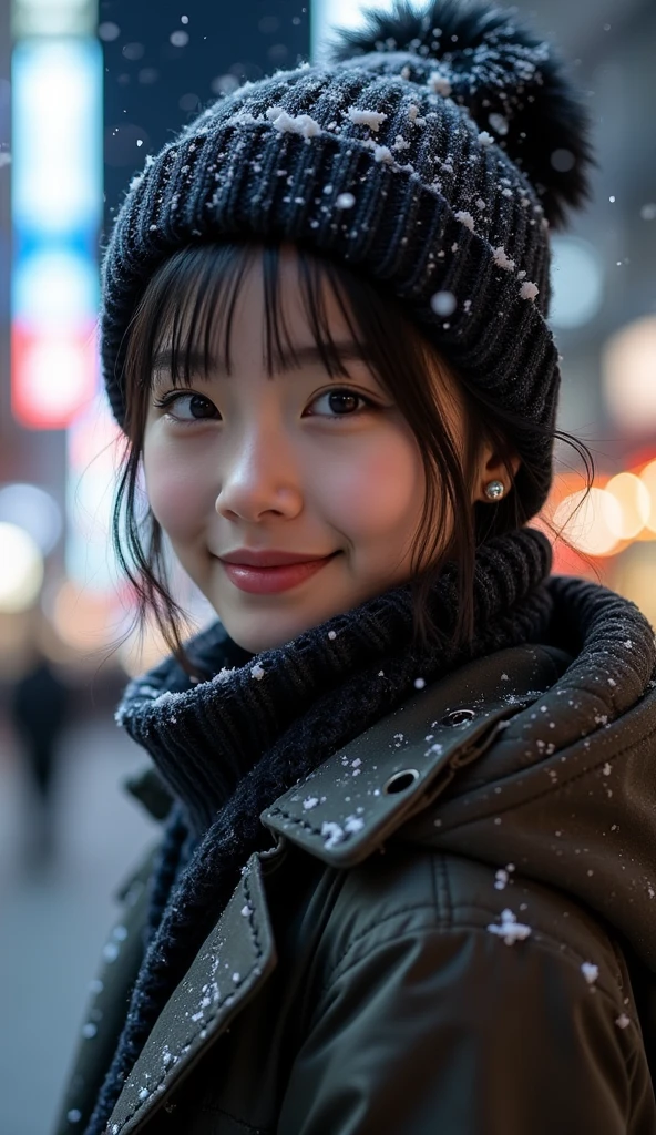 22 year old girl、 、White Breath、((Tokyo cityscape))( downtown at night)((Stylish clothes for winter))( sexy)
 snow is falling 、(( close-up)) best quality,  anatomically correct,  high detail,  very detailed,  textured skin ,  smiles, 