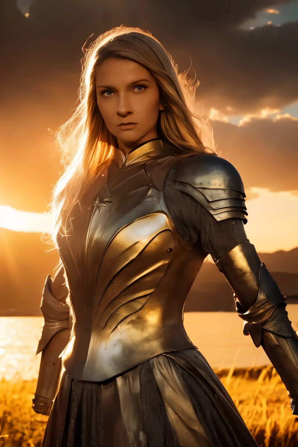 Galadriel, inspired by the series "The Rings of Power", (((L4L4 face ))),   in a majestic pose at the center of the scene  ,   wearing shimmering armor and elven details ,   with her blond hair flowing under a golden light  .   The background shows an epic landscape of golden Middle Earth ,   with distant mountains  ,   dramatic sky and heavenly light rays  .   Determined expression and intense gaze  ,   capturing your strength and wisdom  .   Hyper-realistic details on the face and hands  ,  metal texture of the Highly Detailed armor ,   skin illuminated with perfection  ,   cinematic atmosphere  , epic and glorious  . natural light, 35mm photography, film,  Professional, 4K, Highly Detailed,  golden hour lighting.  depth of field f2 . Rule of Thirds .
