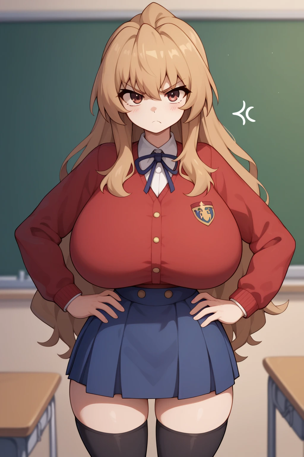 Taiga Aisaka from Toradora, Brown Eyes, Light Brown Hair, Pale Skin, Short Height, Petite Frame, Hands on Hips, Red School Outfit, Blue Skirt, Black Thigh Highs, Standing, Angry Tsundere, Pouting, In a Classroom, Huge Breasts, Massive Breasts, Wide Hips, Thin Waist, Very Thin Waist, Wasp Waist, Solo, Aerial View, (cartoon-style bold line work:1.2), vibrant colors, cel shading, Simplistic Art Style, looking at viewer, solo