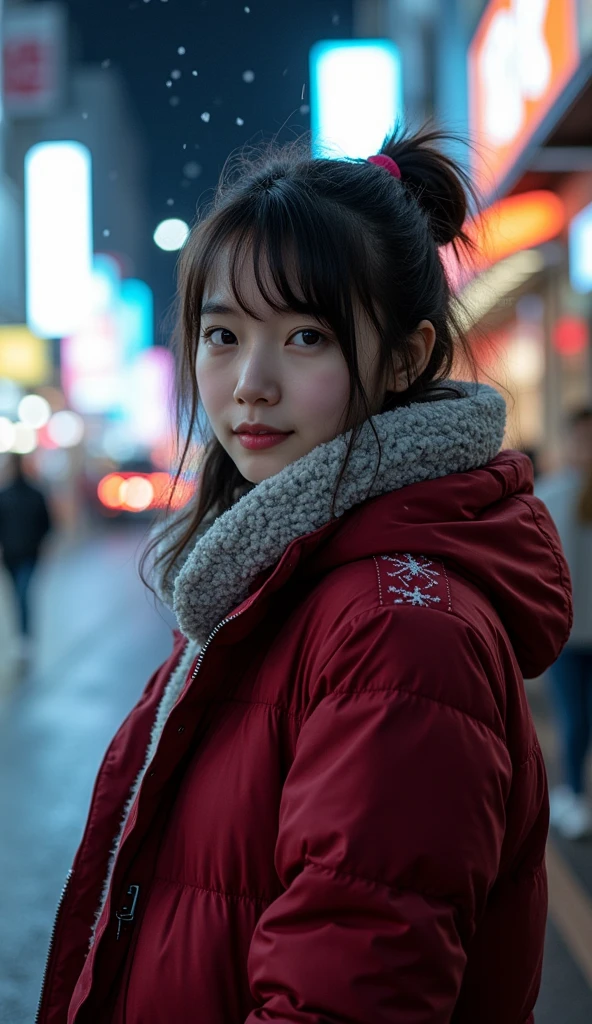 22 year old girl、 、White Breath、((Tokyo cityscape))( downtown at night)((Stylish clothes for winter))( sexy)
 snow is falling 、(( close-up)) best quality,  anatomically correct,  high detail,  very detailed,  textured skin ,  smiles, 