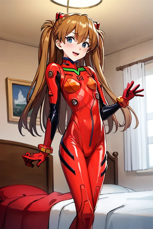 (( top quality)), ((masterpiece)), (be familiar with),  perfect face, indoor, bedroom,  viewer,
One woman,  Soryu Asuka Langley ,
 open mouth,  ecstatic expression with hands in front of body, blush, smile,
 small tits,  flat chested, Young girl, Lori,  s,  girl,
 long hair,  twin tails,
Leg spread,