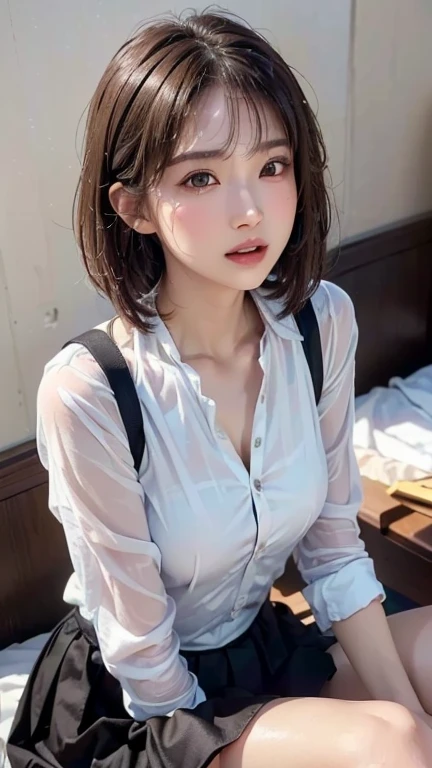 ((top quality, 8k, masterpiece: 1.3, raw photo)), Sharp Focus: 1.2, (1 aespa girl: 1.2), (Realistic, Photorealistic: 1.37), (face focus: 1.1), cute face, ultra detailed face, small breasts, flat chest, short messy hair, (wet White button up long shirt :1.2), standing bathroom, wet body, sunlight, movie lighting,