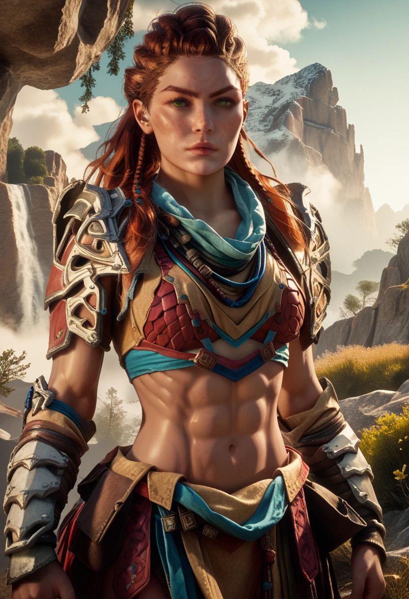 1woman, (Aloy:1.37), (Horizon Forbidden West Aloy:1.27),slim and slender, lightly toned muscles, reddish brown hair, braids and hair ornaments, detailed green eyes, freckles, toned muscular physique, (wearing bikini armor:1.27), midriff, thighs showing, ultra-detailed, highly detailed facial features, beautiful green eyes, detailed lips, dynamic action pose, (cowboy shot), outdoor mountain landscape background, warm lighting, vibrant color palette, d3t41l3d