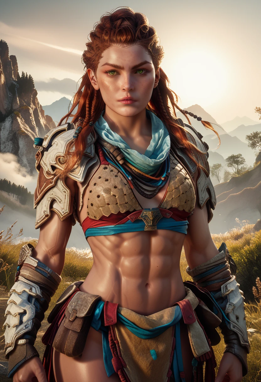 1woman, (Aloy:1.37), (Horizon Forbidden West Aloy:1.27),slim and slender, lightly toned muscles, reddish brown hair, braids and hair ornaments, detailed green eyes, freckles, toned muscular physique, (wearing bikini armor:1.27), midriff, thighs showing, ultra-detailed, highly detailed facial features, beautiful green eyes, detailed lips, dynamic action pose, (cowboy shot), outdoor mountain landscape background, warm lighting, vibrant color palette, d3t41l3d