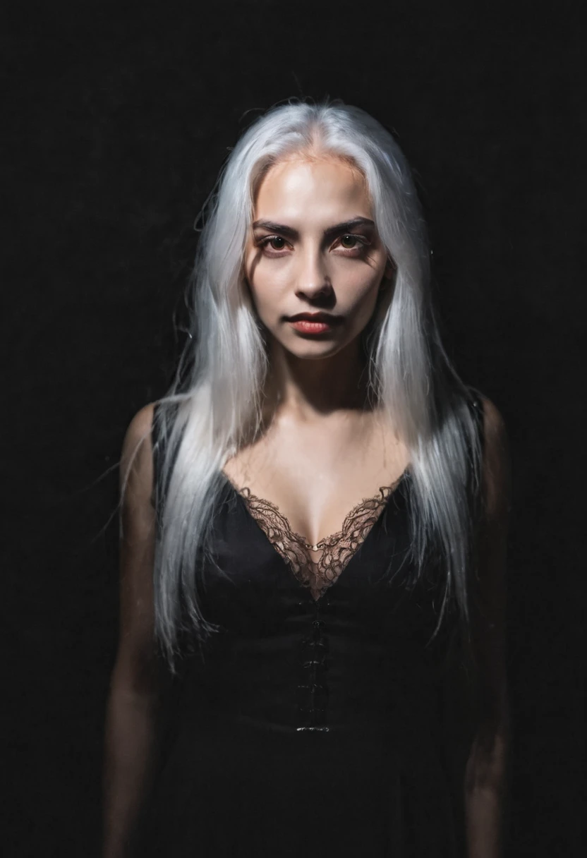  Overhead light on a woman's face (rostro detallado) , Caucasian skin,  long and abundant white hair , Ojos rojos. moonlight. Dark background , fog.  black dress, neckline,  huge breasts