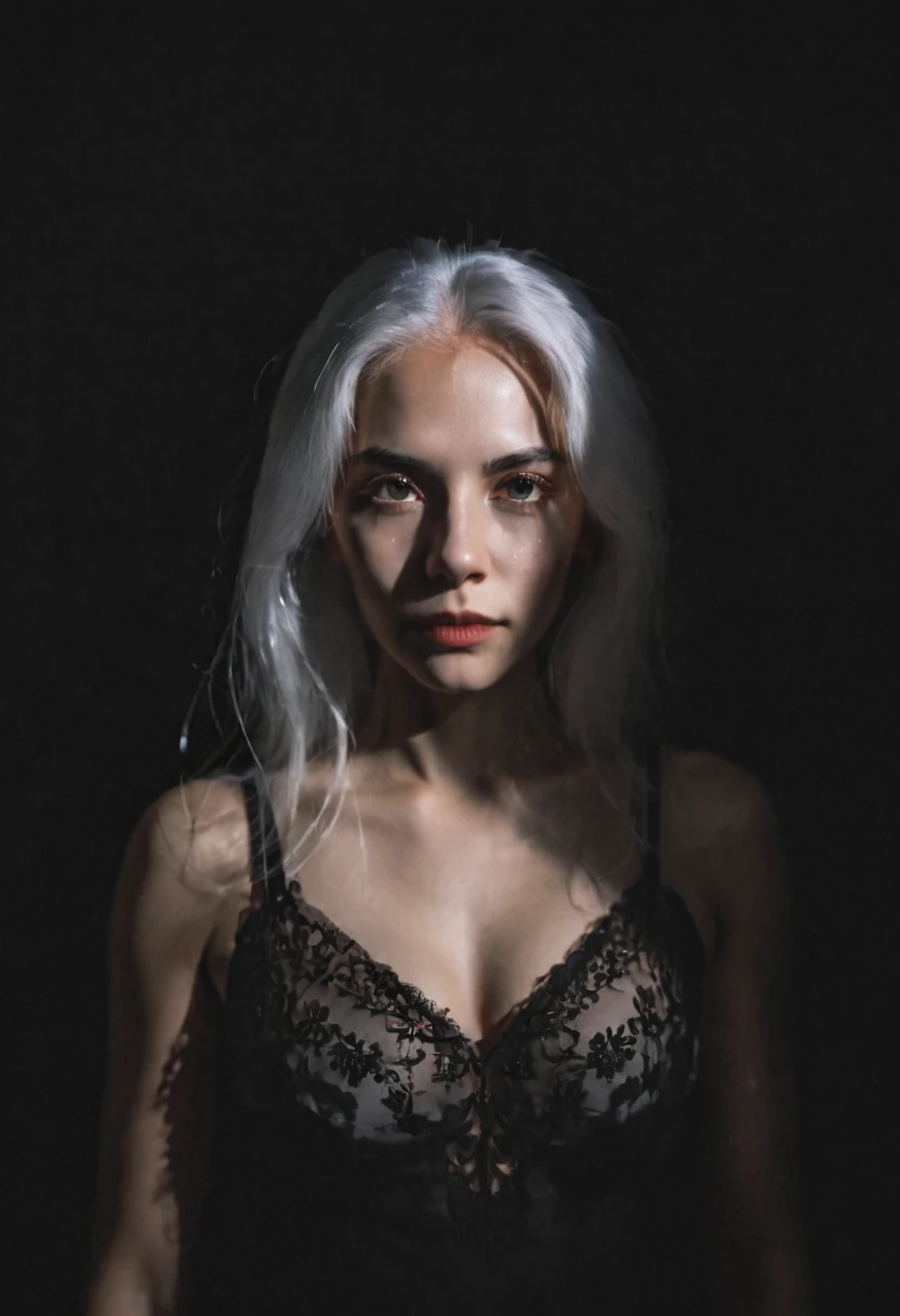  Overhead light on a woman's face (rostro detallado) , Caucasian skin,  long and abundant white hair , Ojos rojos. moonlight. Dark background , fog.  black dress, neckline,  huge breasts