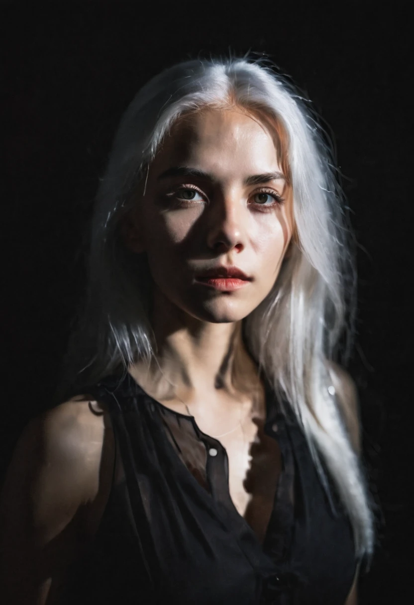  Overhead light on a woman's face (rostro detallado) , Caucasian skin,  long and abundant white hair , Ojos rojos. moonlight. Dark background , fog.  black dress, neckline,  huge breasts