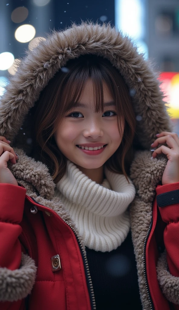 22 year old girl、 baby face、White Breath、((Tokyo cityscape))( downtown at night)((Stylish clothes for winter))( sexy)
 snow is falling 、(( close-up)) best quality,  anatomically correct,  high detail,  very detailed,  textured skin ,  smiles, 