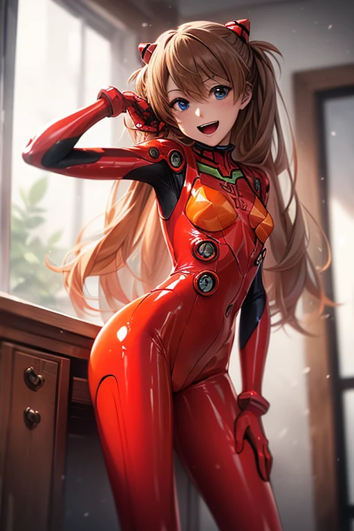 (( top quality)), ((masterpiece)), (be familiar with),  perfect face, indoor, bedroom,  viewer,
One woman,  Soryu Asuka Langley ,
 open mouth,  ecstatic expression with hands in front of body, blush, smile,
 small tits,  flat chested, Young girl, Lori,  s,  girl,
 long hair,  twin tails,
Leg spread,