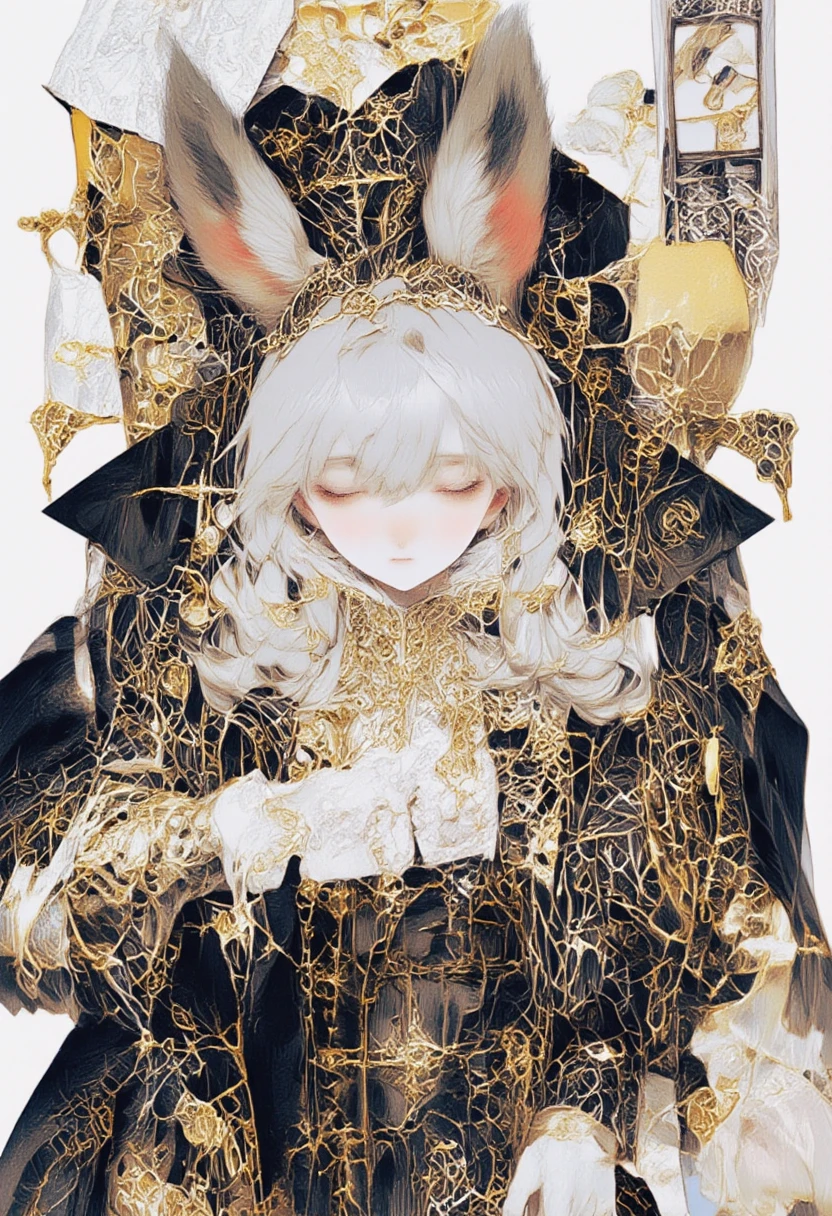 (Gold style ) male chibi character 、 a chubby one anime character 、 a chubby one,  a round-faced white fox  、  with closed eyes and a cross symbol on his forehead 、、  a flat nose with only a horizontal line drawn on it 、  wearing an elegant black and gold outfit like a queen with a Gothic touch .  