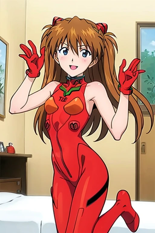 (( top quality)), ((masterpiece)), (be familiar with),  perfect face, indoor, bedroom,  viewer,
One woman,  Soryu Asuka Langley ,
 open mouth,  ecstatic expression with hands in front of body, blush, smile,
 small tits,  flat chested, Young girl, Lori,  s,  girl,
 long hair,  twin tails,
Leg spread,