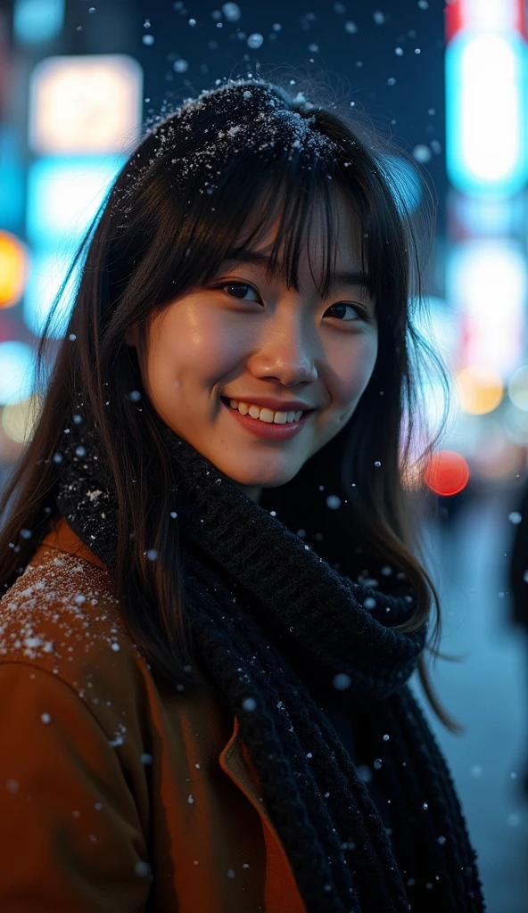 22 year old girl、 baby face、White Breath、((Tokyo cityscape))( downtown at night)((Stylish clothes for winter))( sexy)
 snow is falling 、(( close-up)) best quality,  anatomically correct,  high detail,  very detailed,  textured skin ,  smiles, 