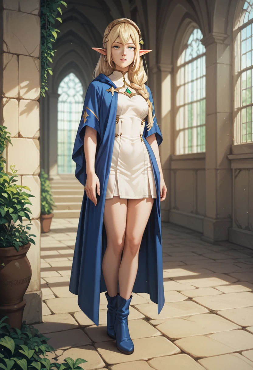 1 girl, elf, blond hair, left eye blue, right eye green, mage robes, full body