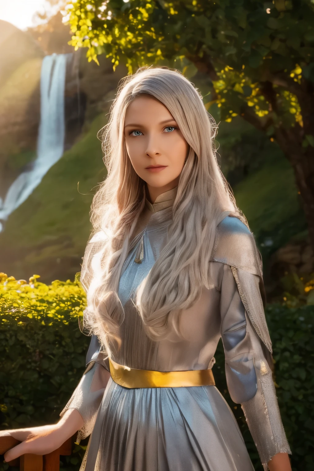 Galadriel in hyper-realistic detail, standing gracefully in an elven city, surrounded by majestic architecture with intricate carvings, glowing crystal towers, and cascading waterfalls. Her golden hair flows elegantly, and her serene expression radiates wisdom and strength. She wears a silver, intricately detailed elven gown that shimmers in soft natural light. The background is filled with lush greenery, delicate bridges, and glowing lights illuminating the ethereal atmosphere of the elven city. natural light, 35mm photograph, film, professional, 4k, highly detailed, Golden hour lighting. Depth of field F2. Rule of Thirds Composition.
