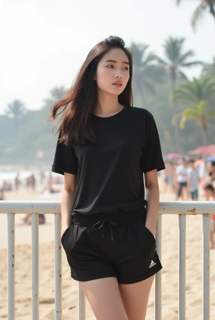 A young man having long legs, thick thighs, large wide hips, thin and narrow weist, big large feminine breasts, wearing leggings and tshirt , on beach , very small spikey boyish haircut, man man , penis bulge 