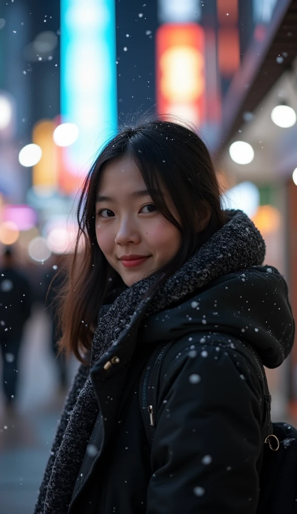 22 year old girl、 、White Breath、((Tokyo cityscape))( downtown at night)((Stylish clothes for winter))( sexy)
 snow is falling 、(( close-up)) best quality,  anatomically correct,  high detail,  very detailed,  textured skin ,  smiles, 