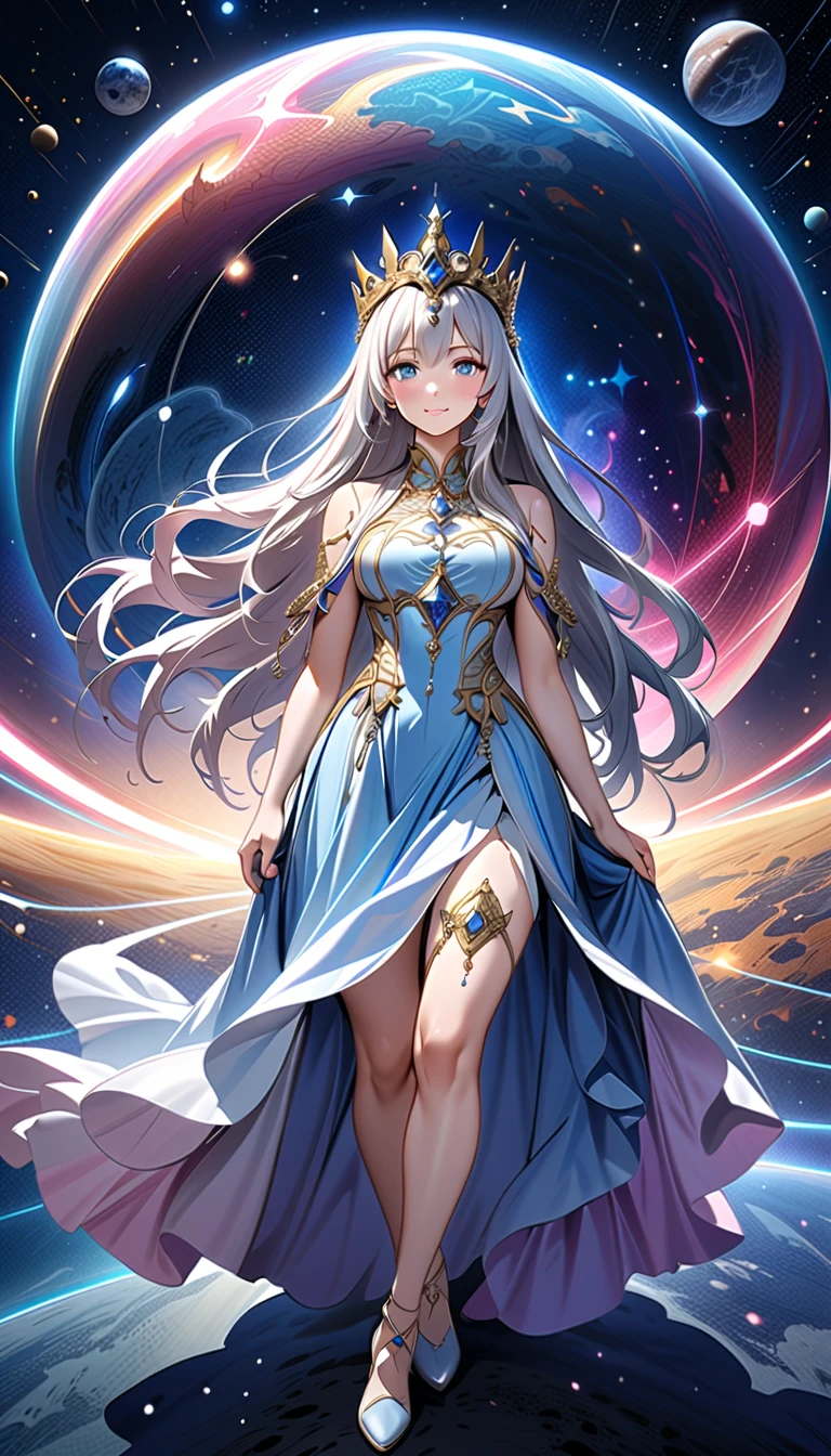 ( top quality,  high image quality,  high definition , 8k), The most beautiful goddess,  Anatomically Beautiful Body , Beautiful blue eyes, Beautiful pink lips,  perfect face,  Long Silky Straight Silver Hair, whole body,  White and Light Blue Royal Tunic ,  Quartz and Sapphire Crown ,  standing, Detailed illustrated art with quiet hand and foot movements ,  look at me and smile, Celestial Bodies, planet, nebula, solar system,  starry sky , meteor,  detailed illustrated art including backgrounds, 