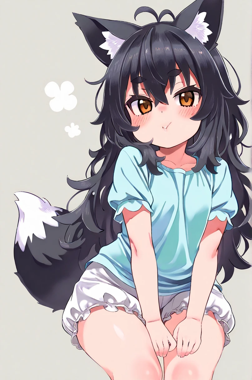 score_9_up, score_8_up, masterpiece, best quality anime a toddler girl with long flully hair messy hair black hair fox ears ears down ears flop brown eyes plump big cheeks round thick brows small hands and stubby little legs small feet big eyes cute face wearing white bloomer shorts puffy shorts and a cute henley shirt
