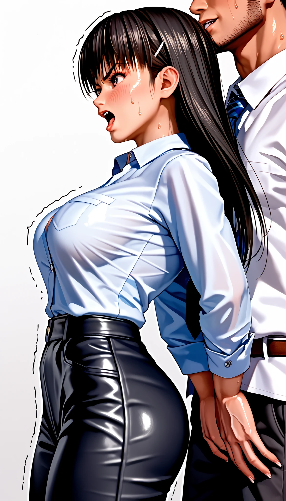 DOALeiFang, LeiFangDOA, gasp, 1 girl,  1male, a male holding girl’s hip, glossy black pants, glossy white business shirt, arms behind back, {{arching the body backward}}, office lady, be breathless, sweat, sparkling sweat, trembling, long straight hair, black hair, breasts, [[angry]], blush, {anguish}, {{shameful}}, from side,