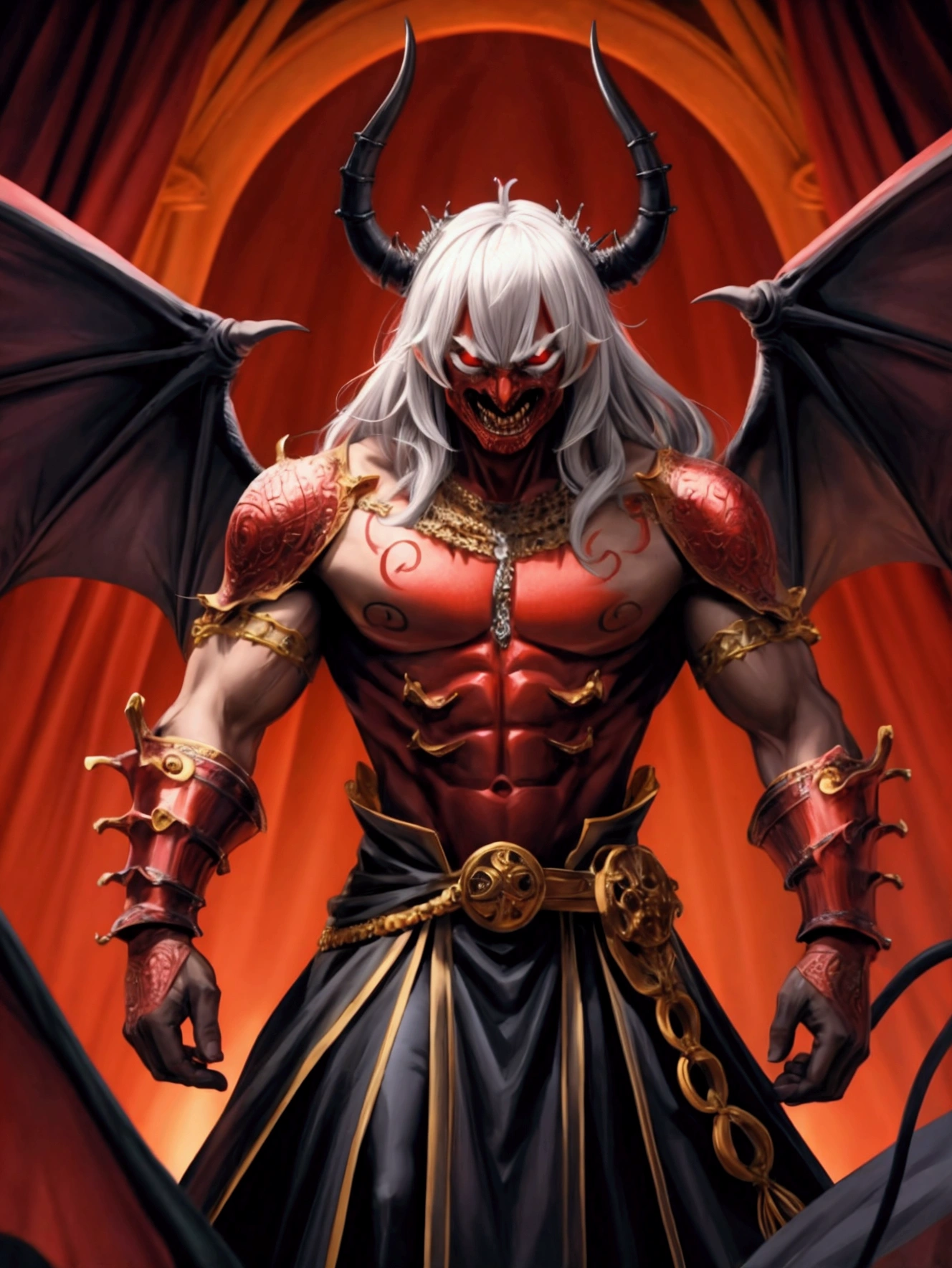 Male character, handsome, dark skin, black wings, wearing a red suit, long white hair, emerald green eyes, his appearance is that of a fire demon, his body is that of a fire demon with giant horns, a bestial body, an intimidating appearance, its appearance is identical to that of the fire demon Ifrit