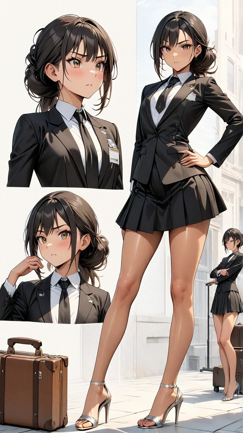 trans woman ((Adult transgender women)): Trap; formal tie suit, formal tight skirt; brown eyes; showing the whole body; brown skin; Black hair, hairstyle variation; High heels silver sandals. High quality. 4k, 8k, many details. Blushing. Masterpiece, accurate, anatomically correct, detailed background, better quality, original work. Enterprise background, serious expression, full body, flat chest, delicate hands, suitcase, elegant pose, upskirt